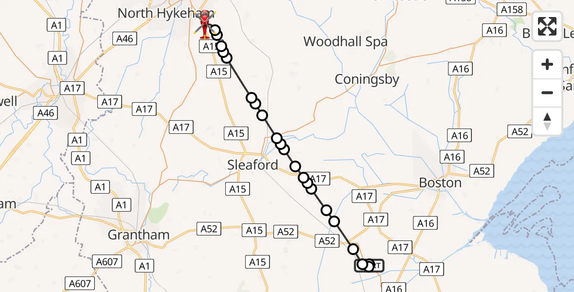 Flight path map showing Air Ambulance Helicopter route from Gosberton to North Kesteven