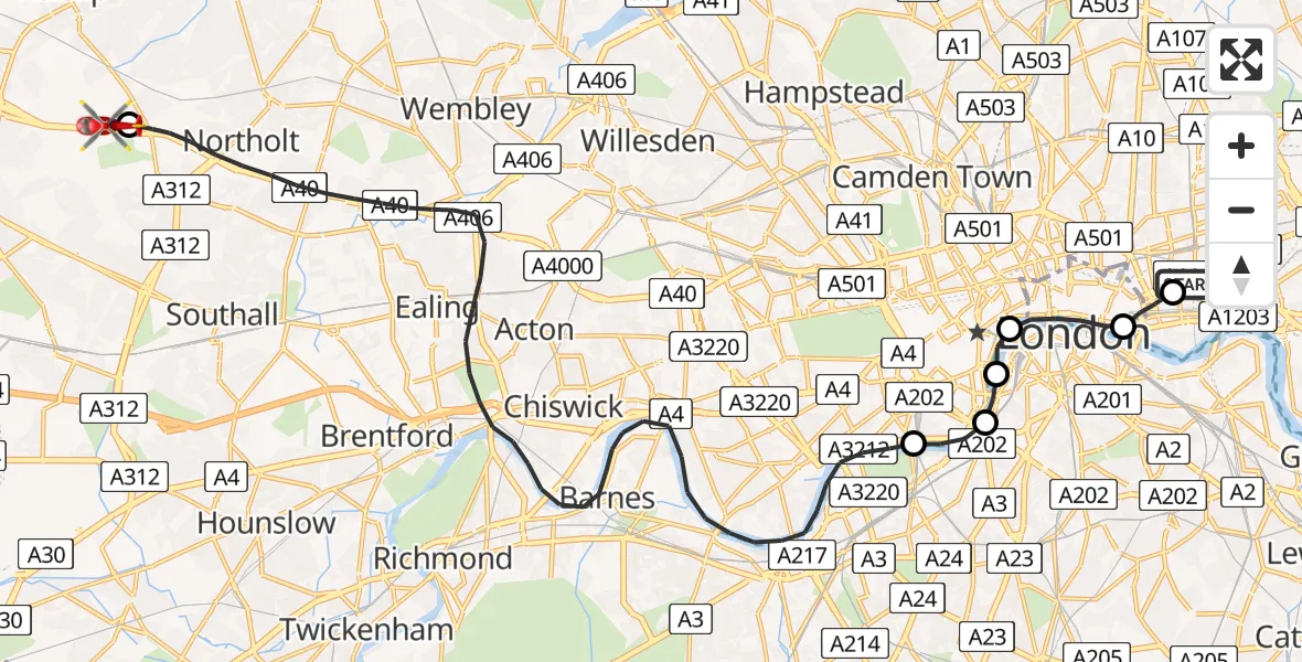 Flight path map showing Air Ambulance Helicopter route from Royal London Hospital to RAF Northolt