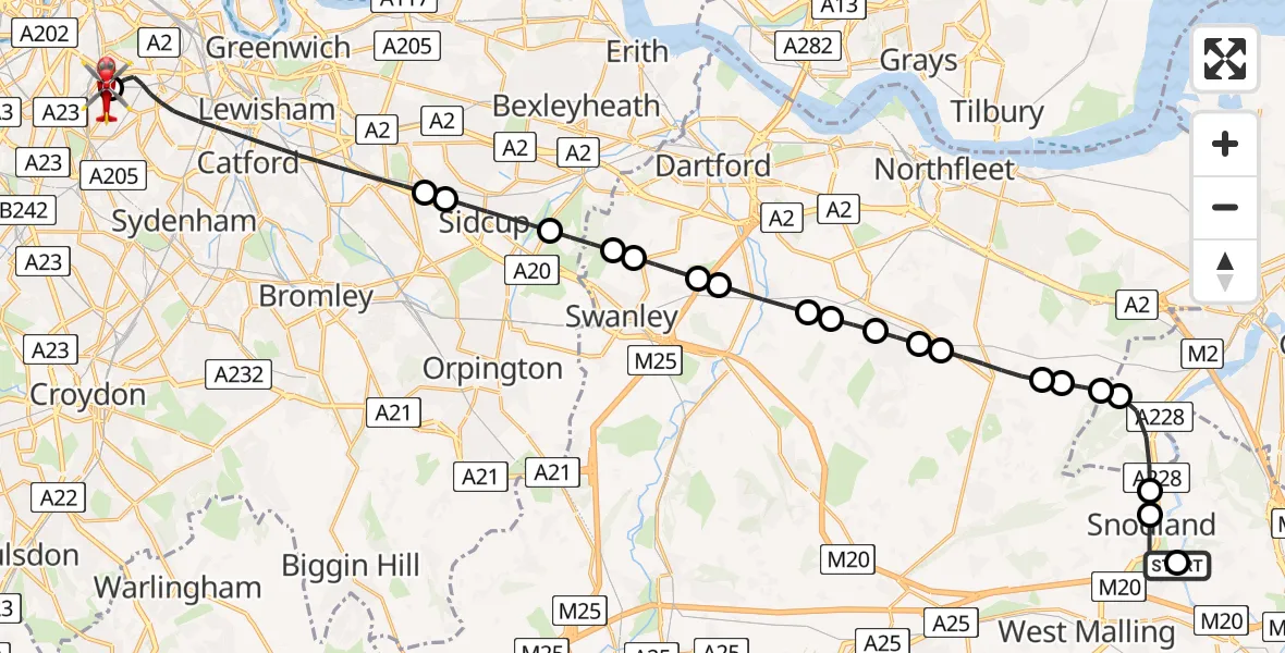 Flight path map showing Air Ambulance Helicopter route from Snodland to Kings College London Hospital