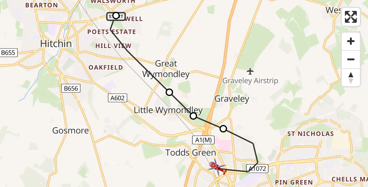 Flight path map showing Air Ambulance Helicopter route from Hitchin to Stevenage