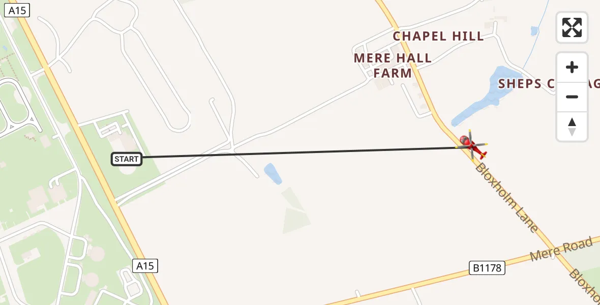 Flight path map showing Air Ambulance Helicopter route from RAF Waddington to North Kesteven