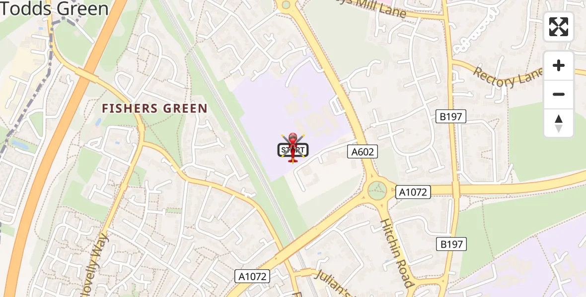 Flight path map showing Air Ambulance Helicopter route from Stevenage to Stevenage