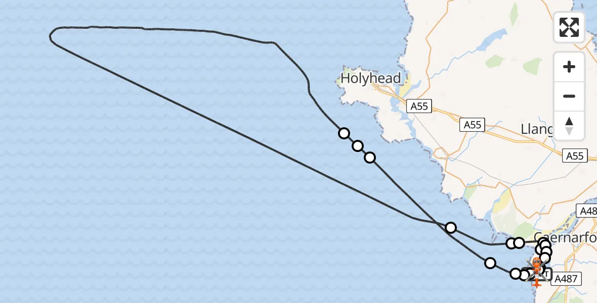 Flight path map showing Coastguard Helicopter route from Caernarfon Airport to Caernarfon Airport