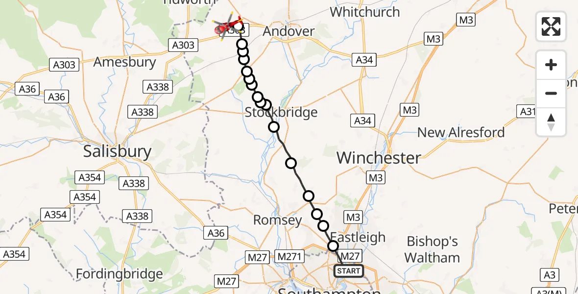 Flight path map showing Air Ambulance Helicopter route from Southampton to Fyfield
