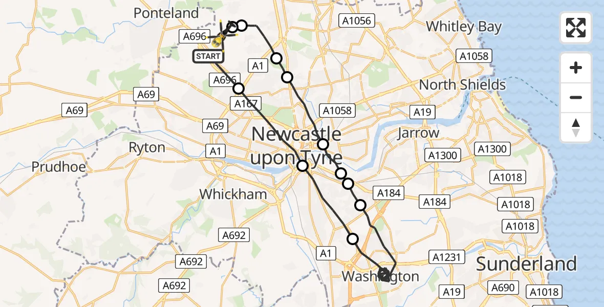 Flight path map showing Police Helicopter route from Newcastle upon Tyne to Newcastle International Airport