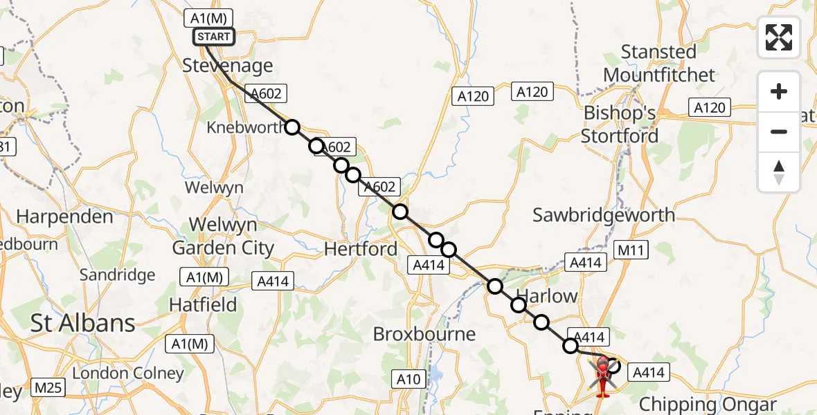 Flight path map showing Air Ambulance Helicopter route from Stevenage to North Weald Airfield