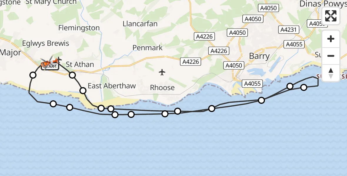 Flight path map showing Coastguard Helicopter route from MOD St Athan to MOD St Athan