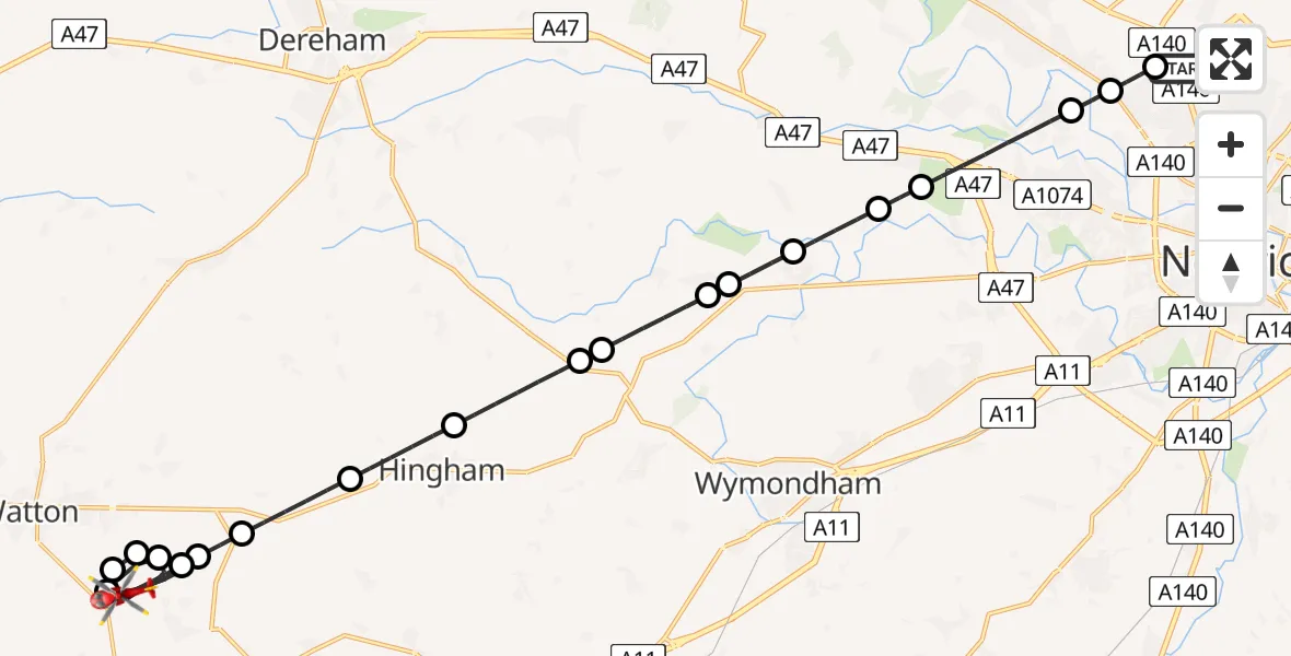 Flight path map showing Air Ambulance Helicopter route from Norwich Airport to Caston