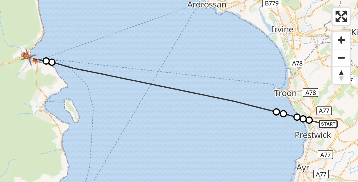 Flight path map showing Coastguard Helicopter route from Glasgow Prestwick Airport to Brodick
