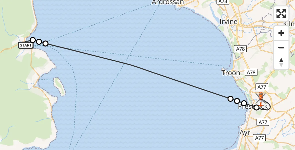 Flight path map showing Coastguard Helicopter route from Brodick to Glasgow Prestwick Airport