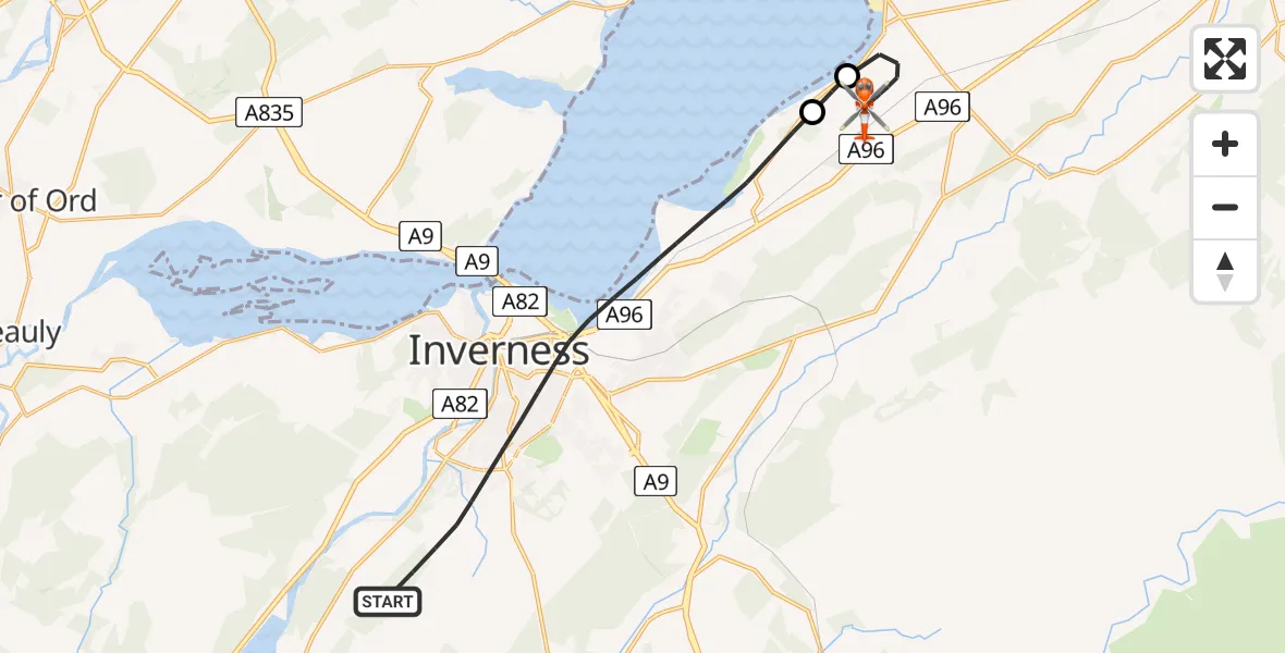 Flight path map showing Coastguard Helicopter route from Inverness to Inverness Airport