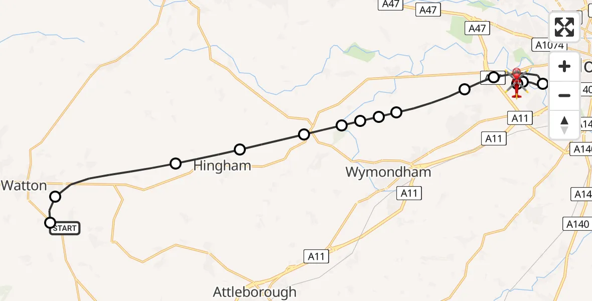 Flight path map showing Air Ambulance Helicopter route from Breckland to Norfolk & Norwich Hospital