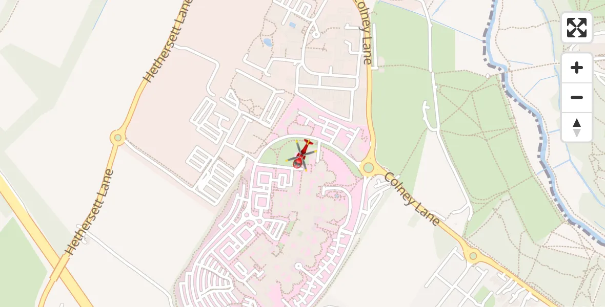 Flight path map showing Air Ambulance Helicopter route from Norfolk & Norwich Hospital to Norfolk & Norwich Hospital