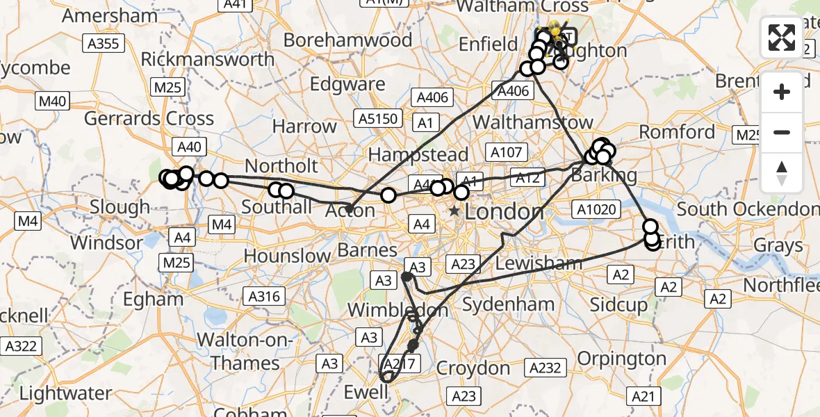 Flight path map showing Police Helicopter route from Sewardstonebury to Metropolitan Police Air Support Unit Lippitts Hill