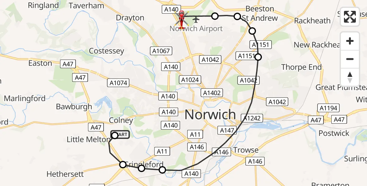 Routekaart van de vlucht: Air Ambulance Helicopter to Norwich Airport