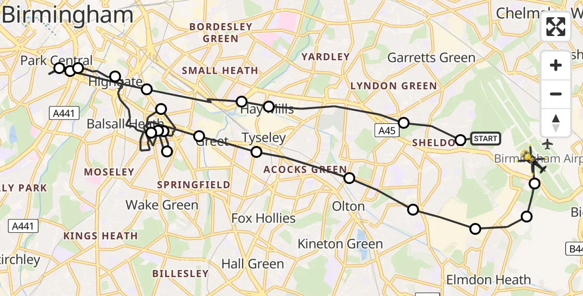 Flight route Police Helicopter Birmingham Airport - Birmingham Airport, 29 March 2026, 21:34