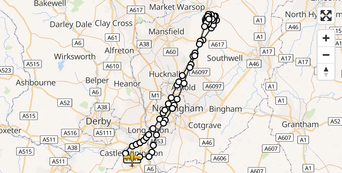 Routekaart van de vlucht: Police Aircraft to East Midlands Airport