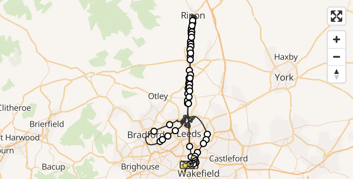 Routekaart van de vlucht: Police Helicopter to East Ardsley, Stoney Lane