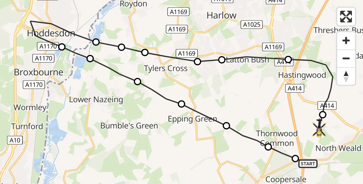 Flight path map showing Police Helicopter route from North Weald Airfield to North Weald Airfield