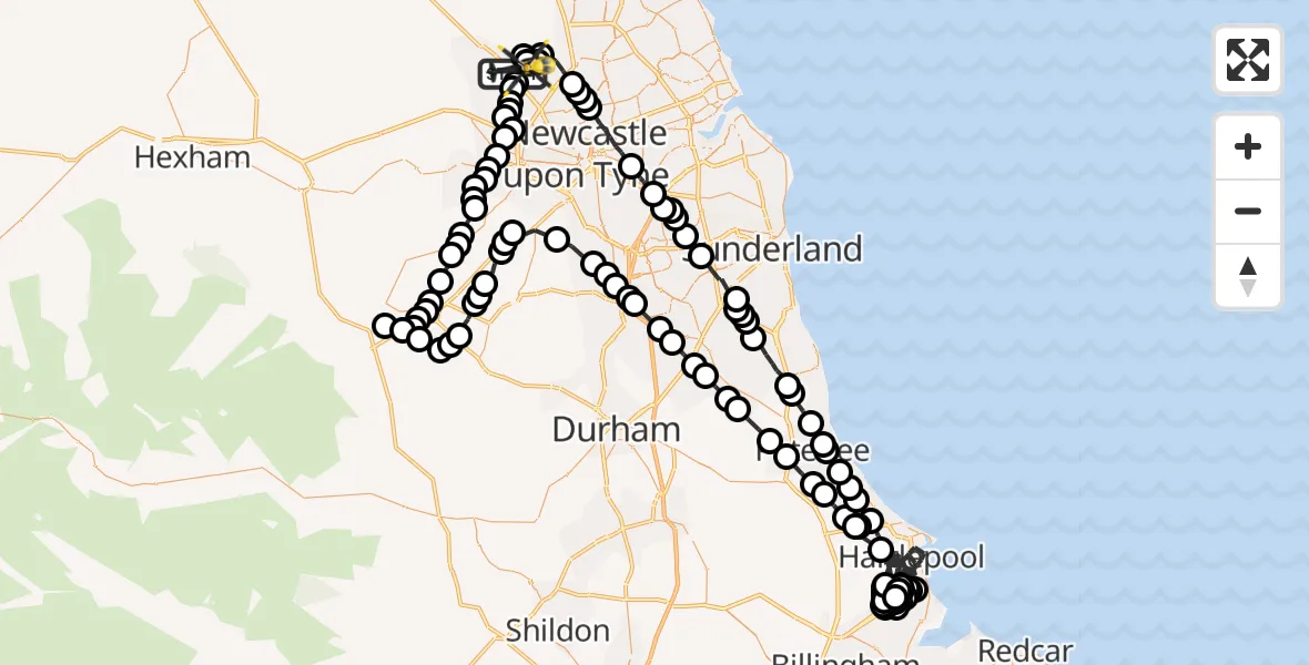 Flight path map showing Police Helicopter route from Newcastle International Airport to Newcastle International Airport