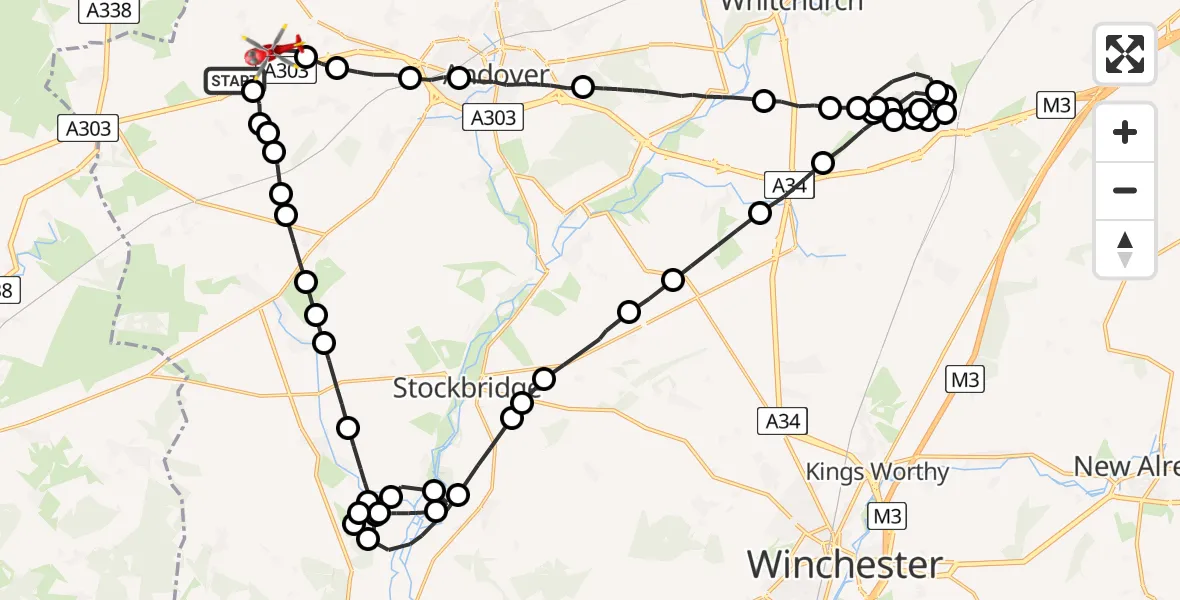 Flight path map showing Air Ambulance Helicopter route from Thruxton Aerodrome to Fyfield