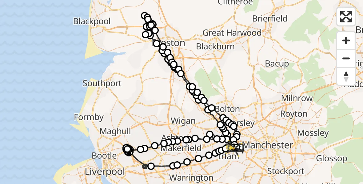 Flight path map showing Police Helicopter route from Manchester Barton Aerodrome to Manchester Barton Aerodrome