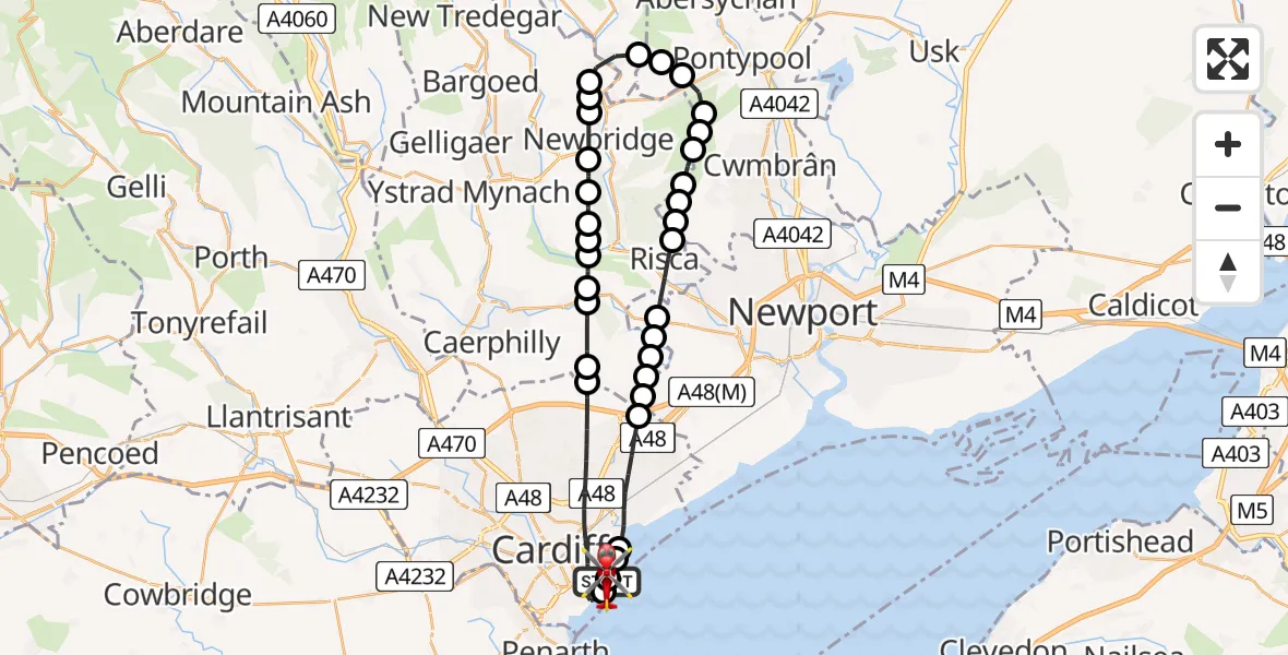 Flight path map showing Air Ambulance Helicopter route from Cardiff Heliport to Cardiff Heliport