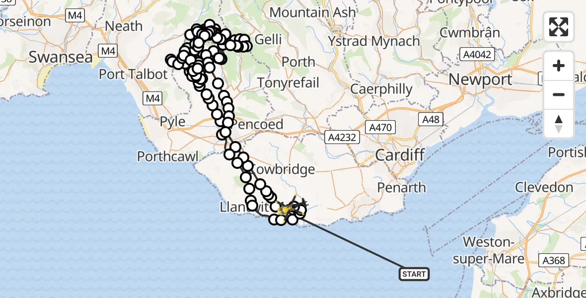 Flight path map showing Police Helicopter route from Bristol Channel to MOD St Athan
