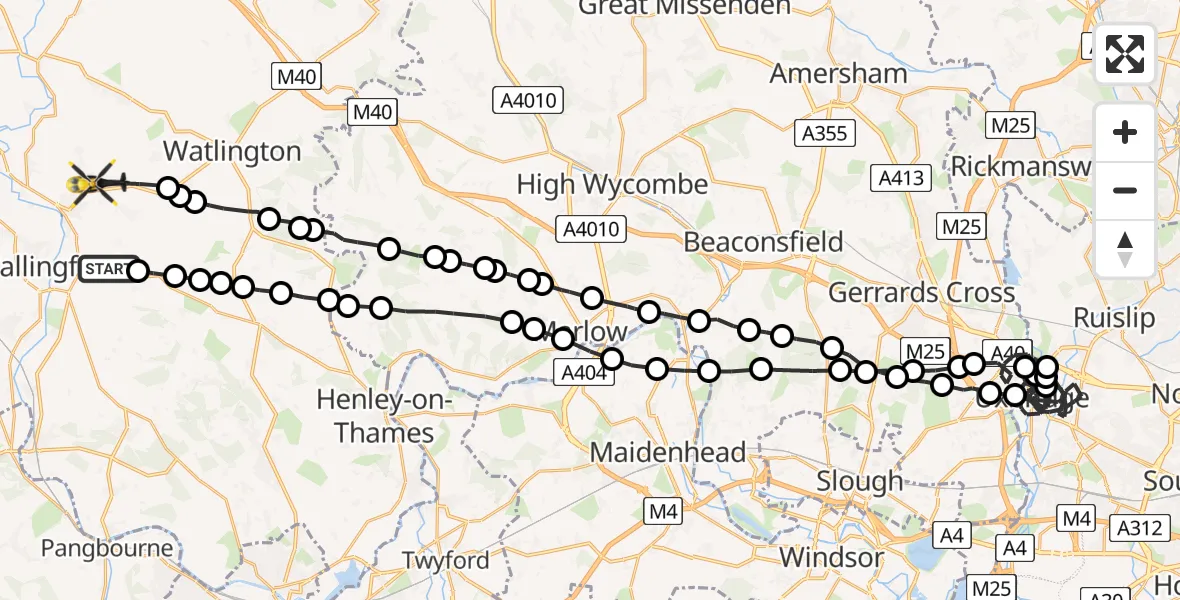Flight path map showing Police Helicopter route from South Oxfordshire to Ewelme