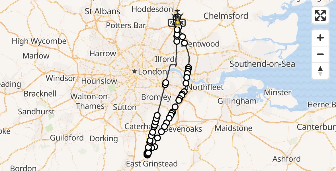 Flight path map showing Police Helicopter route from North Weald Airfield to North Weald Airfield