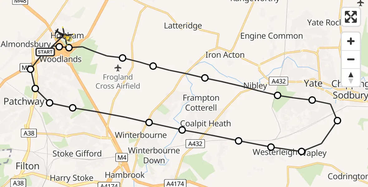 Flight path map showing Police Helicopter route from Almondsbury Helicopter Base to Hortham