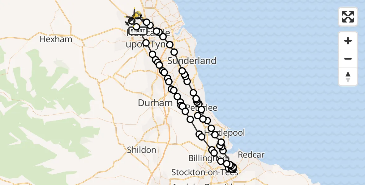 Flight path map showing Police Helicopter route from Newcastle upon Tyne to Newcastle International Airport