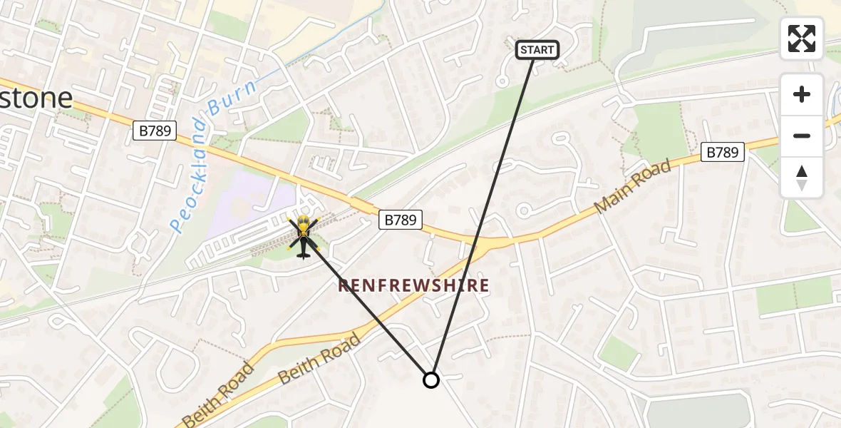 Flight path map showing Police Helicopter route from Elderslie to Johnstone