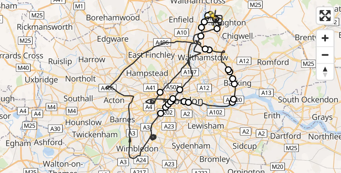 Flight path map showing Police Helicopter route from Metropolitan Police Air Support Unit Lippitts Hill to Metropolitan Police Air Support Unit Lippitts Hill