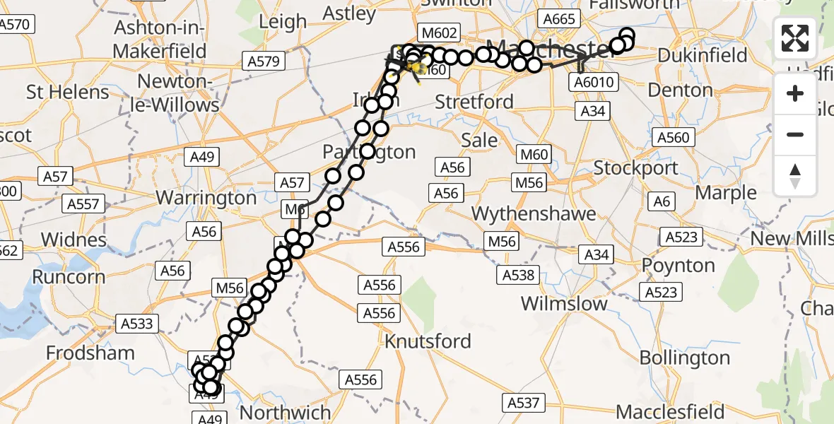 Flight path map showing Police Helicopter route from Manchester Barton Aerodrome to Manchester Barton Aerodrome