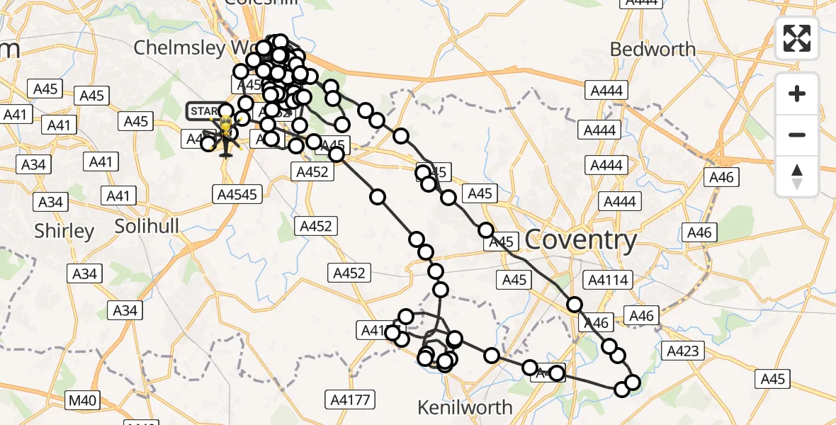Flight path map showing Police Helicopter route from Birmingham Airport to Bickenhill