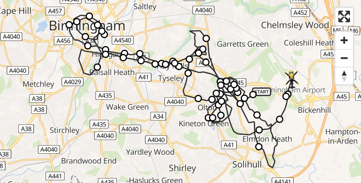 Flight path map showing Police Helicopter route from Solihull to Birmingham Airport