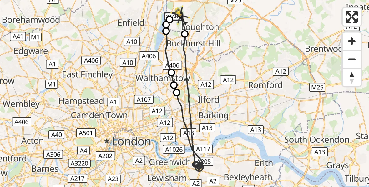 Flight path map showing Police Helicopter route from Epping Forest to Sewardstonebury