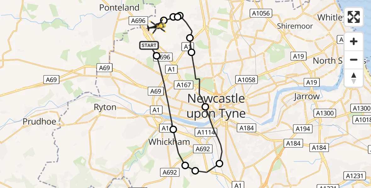 Flight path map showing Police Helicopter route from Callerton to Newcastle International Airport
