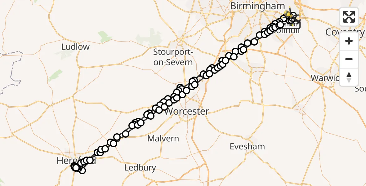 Flight path map showing Police Helicopter route from Hampton in Arden to Birmingham Airport