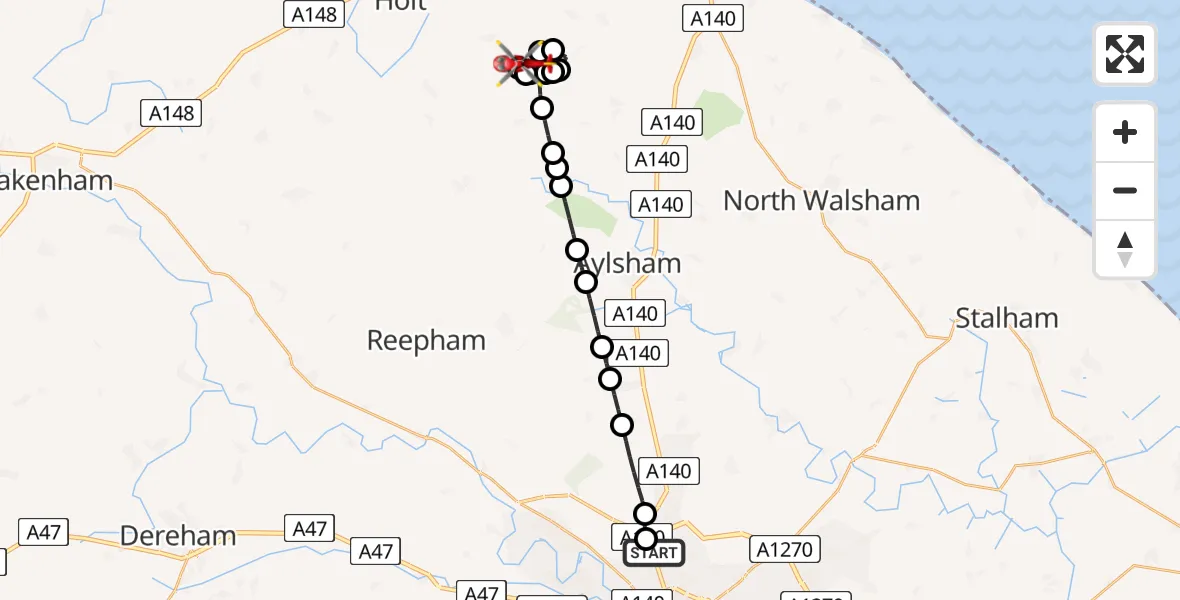 Flight path map showing Air Ambulance Helicopter route from Norwich Airport to Bessingham