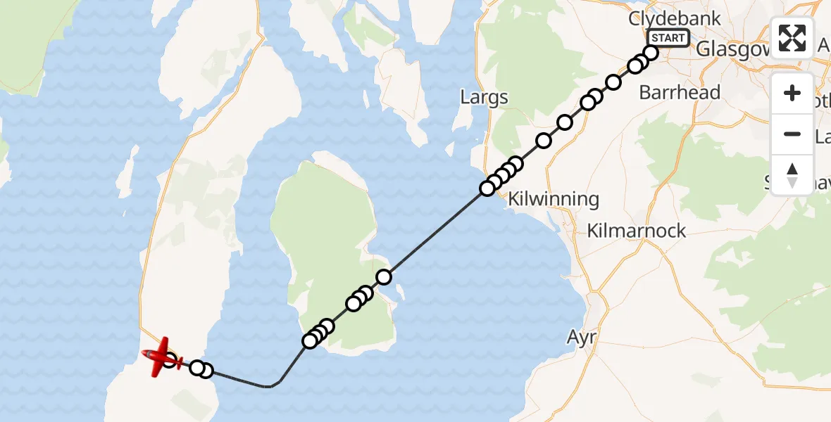 Flight path map showing Air Ambulance Aircraft route from Glasgow Airport to Drumlemble