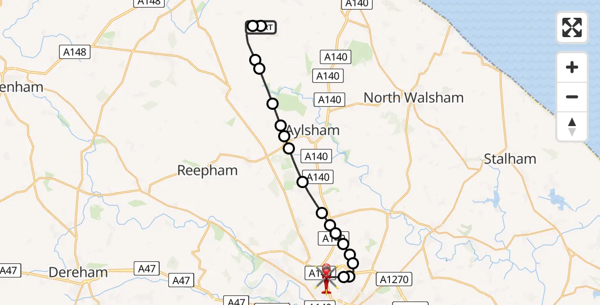 Flight path map showing Air Ambulance Helicopter route from Baconsthorpe to Norwich Airport