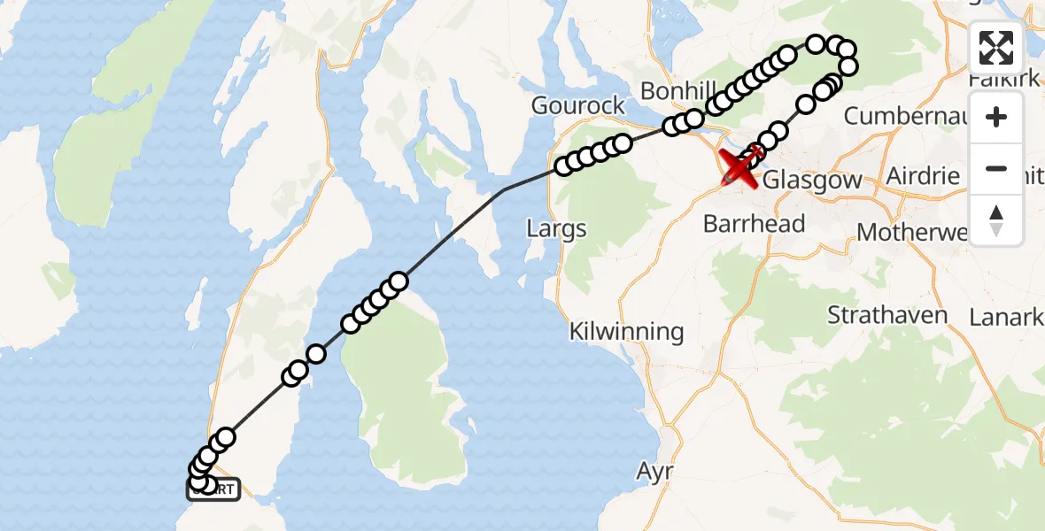 Flight path map showing Air Ambulance Aircraft route from Campbeltown Airport to Glasgow Airport