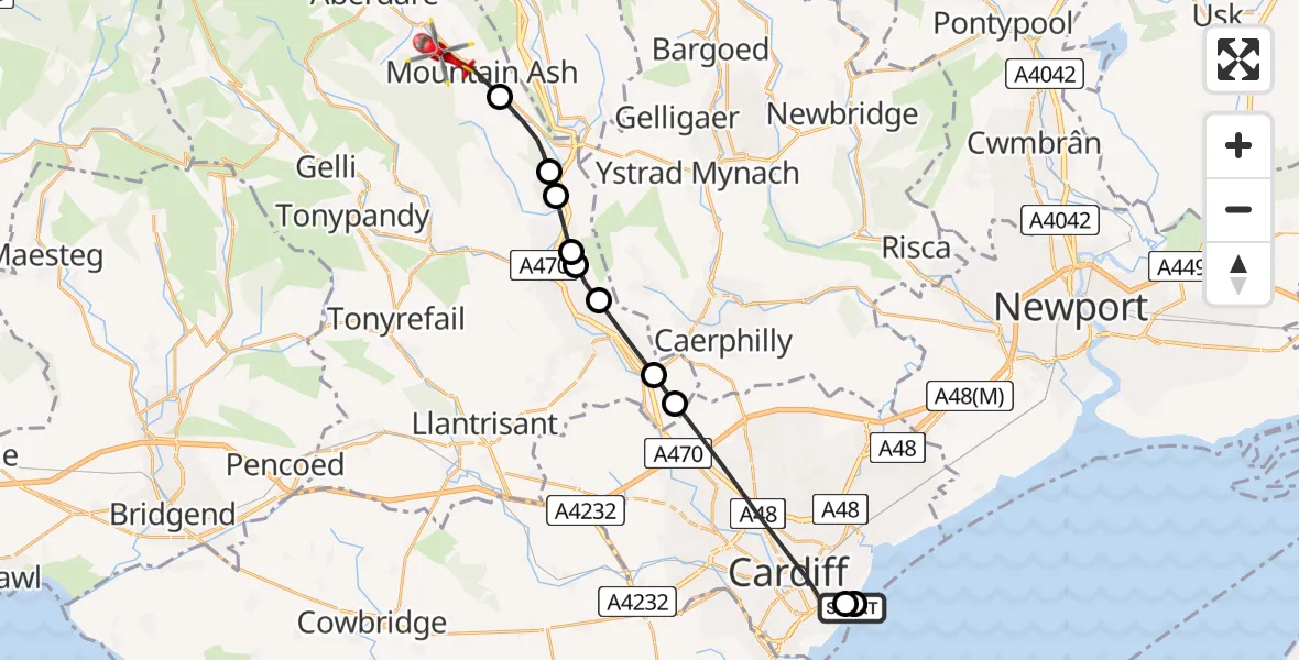 Flight path map showing Air Ambulance Helicopter route from Cardiff Heliport to Mountain Ash