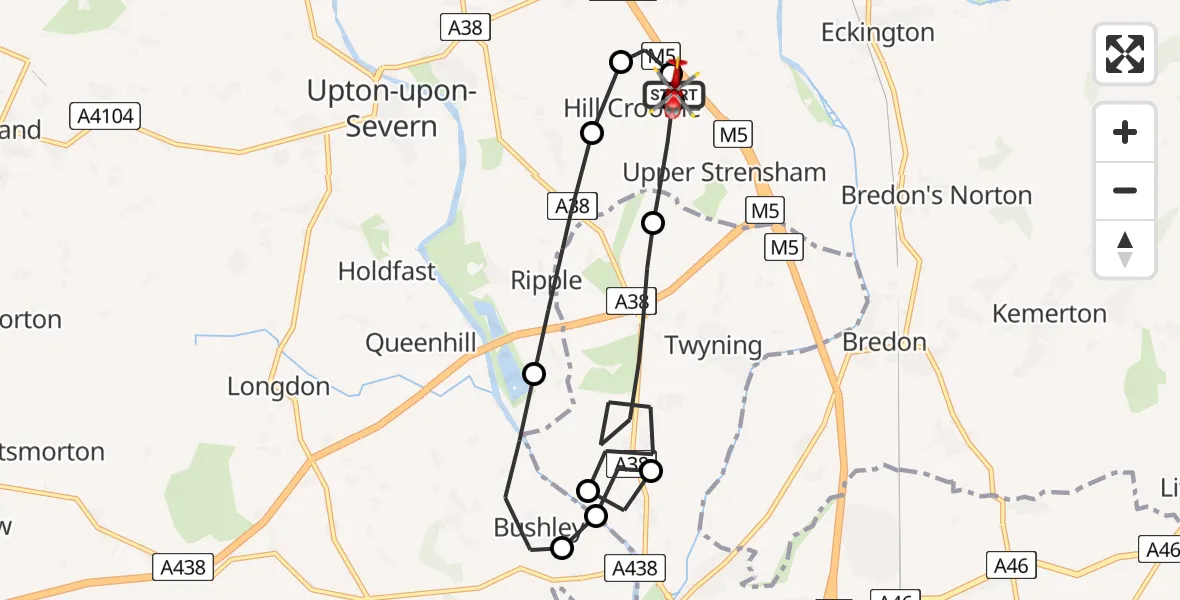 Flight path map showing Air Ambulance Helicopter route from Hill Croome to Upper Strensham