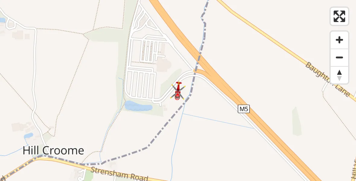 Flight path map showing Air Ambulance Helicopter route from Hill Croome to Hill Croome