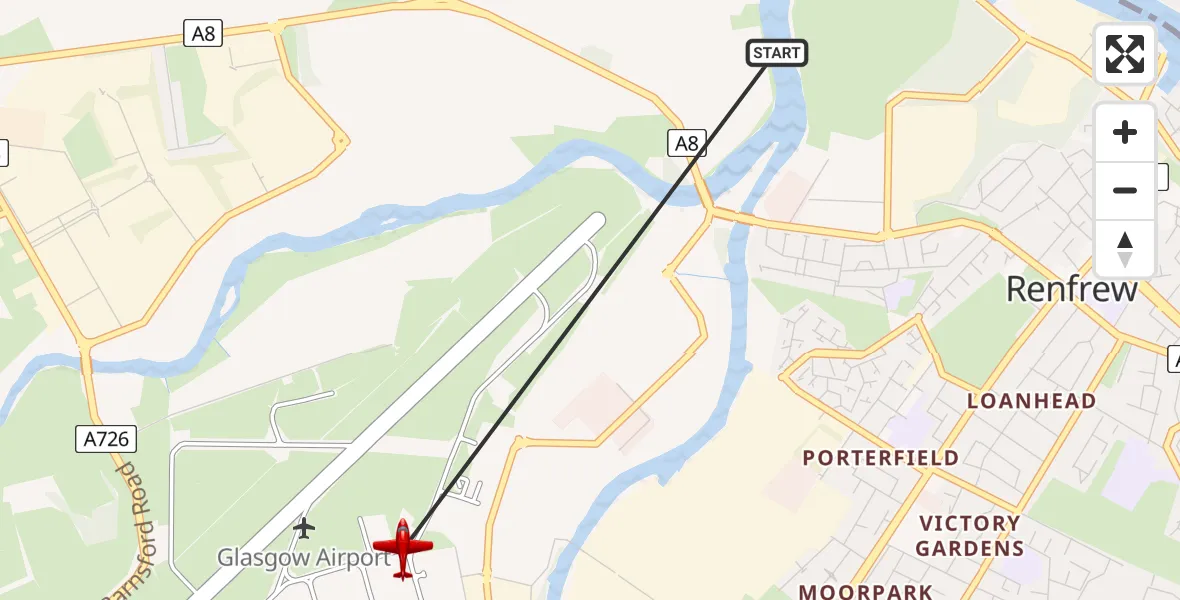 Flight path map showing Air Ambulance Aircraft route from Renfrew to Glasgow Airport