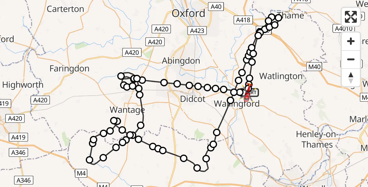Flight path map showing Air Ambulance Helicopter route from RAF Benson to RAF Benson