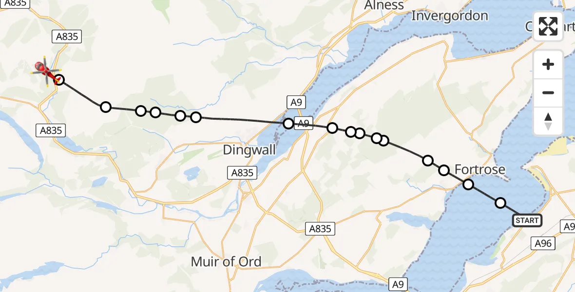 Flight path map showing Air Ambulance Helicopter route from Inverness to A835